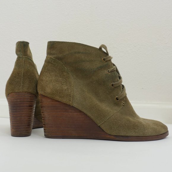 Lucky Brand Shoes - Lucky Brand Olive Green Suede Lace Up 3" Faux Wood Wedge Heel SZ 9 Ankle Boots